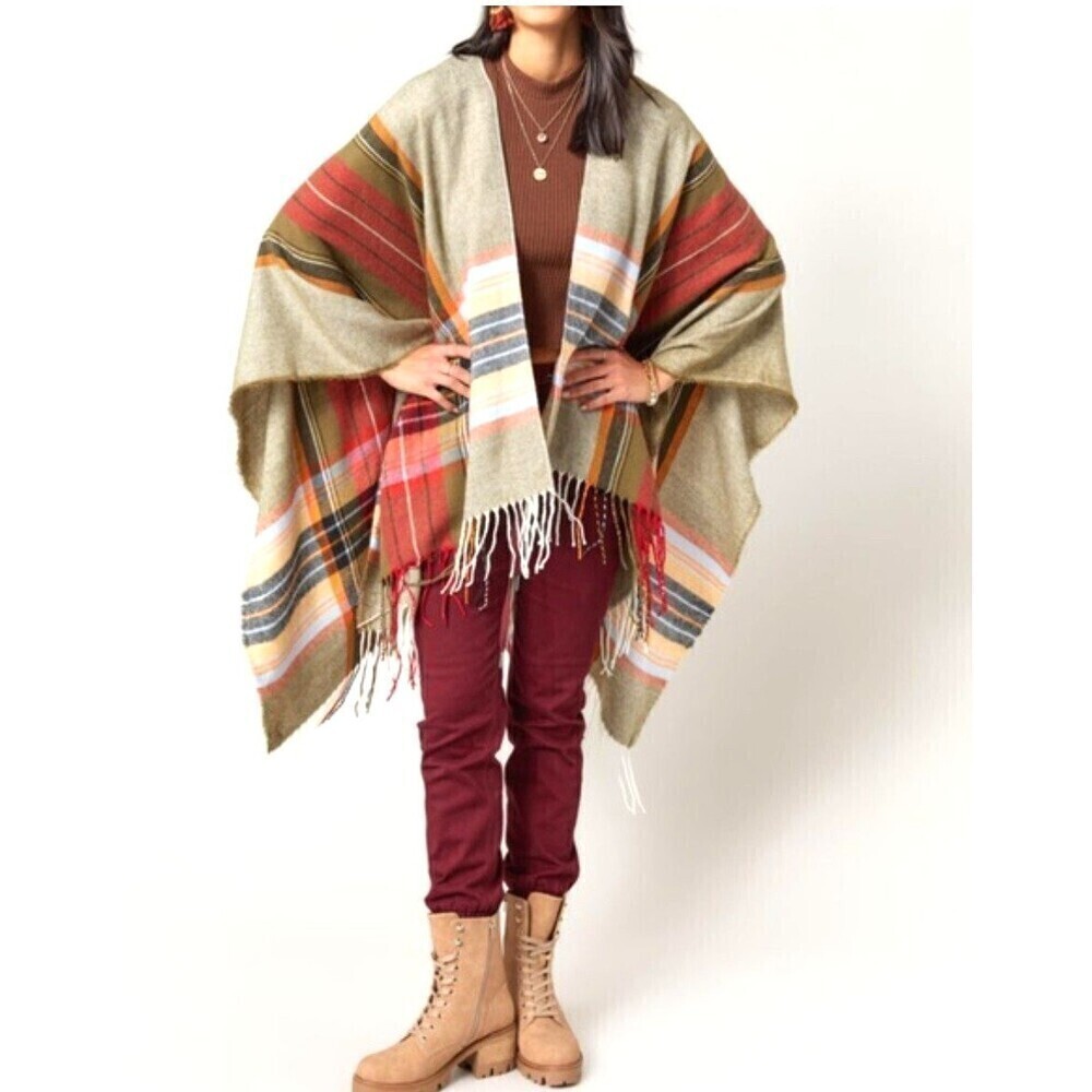 New Francesca Plaid Poncho Fringe Wrap Southwestern Western Women OS Poncho